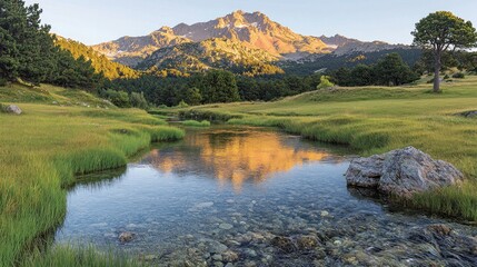 Fototapeta premium Mountain reflection in calm stream.