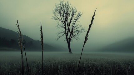 Obraz premium Moody misty landscape with grasses and lone tree.