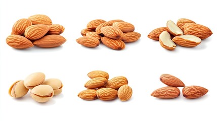 Obraz premium Collection of raw fresh almonds arranged on a white background, highlighting the natural beauty and texture of almonds. Ideal for use in culinary and health-related themes.