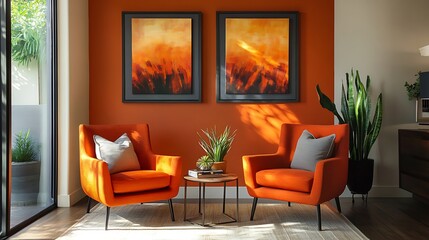 Two orange armchairs face each other in a sunlit room with orange walls and modern artwork.