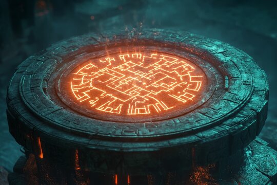 Ancient stone disc; glowing symbols, mystic map.