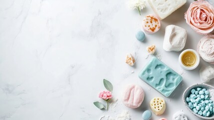 Soap party theme in a spa day setting, presented in a flat lay style with white minimalism. This composition highlights various soaps and spa elements, complete with ample copy space.
