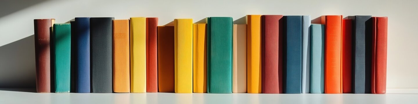 clean flat lay of colorful book spines displayed on smooth white ceramic surface under soft natural light