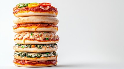 A collection of stacked, delicious technic pizza on a clean white background, perfect for capturing the appetizing allure of technic pizza with engaging composition and ample copy space.