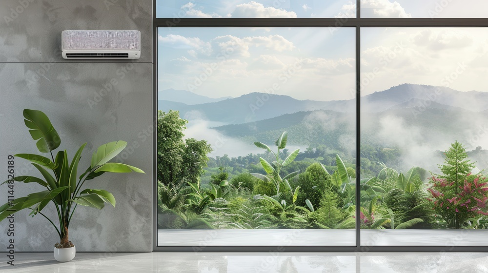 Poster air conditioner mounted on wall near open window with a view of green hills and clear skies. generat
