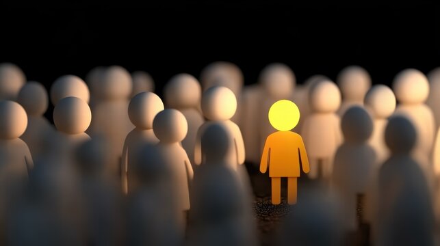A standout yellow figure is surrounded by numerous neutral figures, highlighting individuality and uniqueness in a crowd of identical elements.