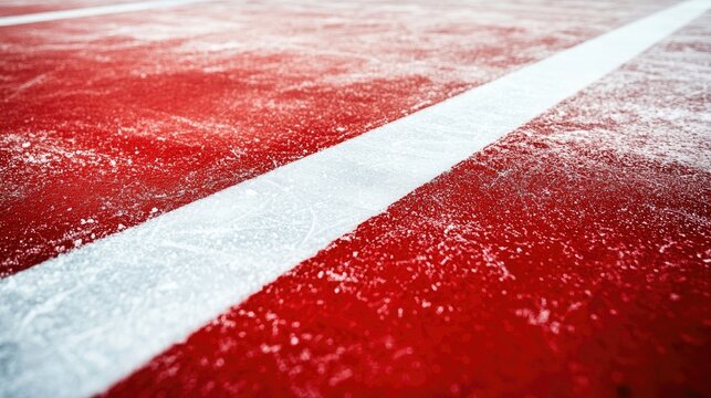 High-angle shot capturing red and white ice rink markings, highlighting the vibrant contrast and unique patterns of the ice rink. Ideal for sports and design themes with ample copy space.