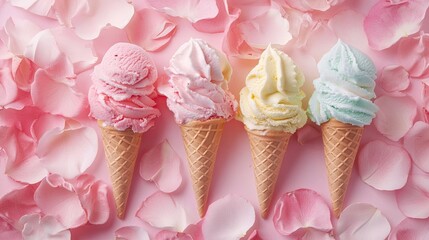 Vibrant ice cream cones in assorted colors placed among delicate pink petals, creating a delightful and inviting scene with ample space for text and design elements.