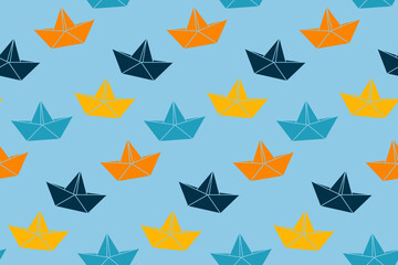 Cute summer seamless pattern with colorful paper boats. Design for wrapping paper, clothing, fabric, textile. Vector illustration