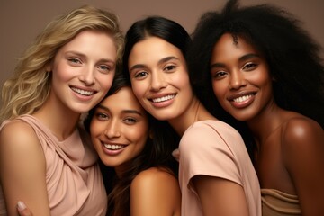 Obraz premium Four beautiful women of different ethnicities are smiling and posing together