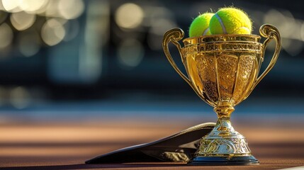 Golden tennis championship trophy alongside a hat, depicting a triumphant moment in tennis. This image captures the essence of victory in tennis, offering ample copy space.
