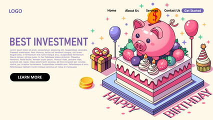 Piggy bank for Happy Birthday Investment, vector art, simple, minimalist