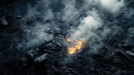 Dark background highlighting sulfur dioxide and heavy metals, creating a striking visual representation of environmental concerns. Space available for text or additional elements.