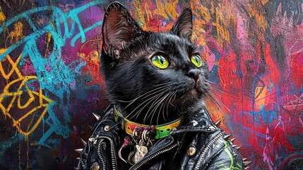 Sleek black cat in leather jacket poses confidently against urban graffiti backdrop