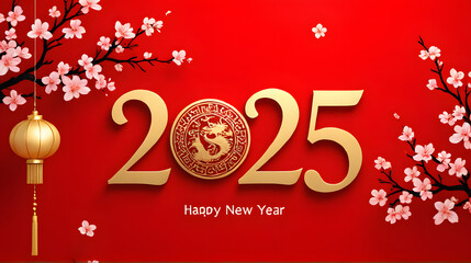 Naklejka premium New Year 2025. Luxurious and festive Chinese New Year theme decorated with round coins with dragon shapes, lanterns and cherry blossom branches with light pink flowers. Dark red background.