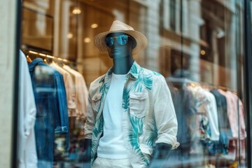 Fototapeta premium Storefront mannequin exhibits a crisp white shirt under a tropical print cover with matching tan trousers and accessories, set against a modern urban backdrop.