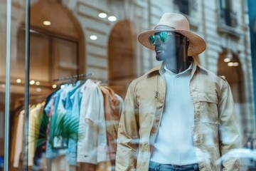 Fototapeta premium A fashionable storefront display featuring a mannequin dressed in tan clothing with a hat and sunglasses, set in a modern urban environment for a stylish appeal.