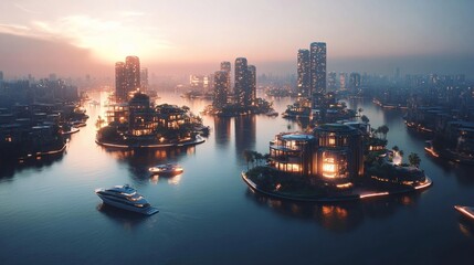 Naklejka premium Luxurious waterfront villas at sunset, aerial view.
