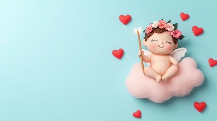 A cute baby angel with a flower crown sits on a cloud, holding a toothbrush, surrounded by hearts against a light blue background.