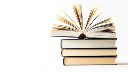 Fototapeta premium Stack of hardcover books with an open cover on a white background, perfect for highlighting the beauty of hardcover books; includes ample copy space for text or design elements.