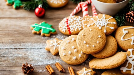 Fototapeta premium Gingerbread and sugar cookies beautifully decorated with white icing, set amidst Christmas-themed decorations, evoking a festive and warm holiday feeling.