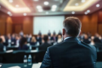 A man in a business suit looks towards a stage in a meeting, symbolizing focus and leadership at a business conference, set in a contemporary hall with peers.