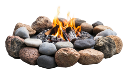 campfire surrounded by stones, cozy and warm outdoor setting. wilderness camping and nature concept