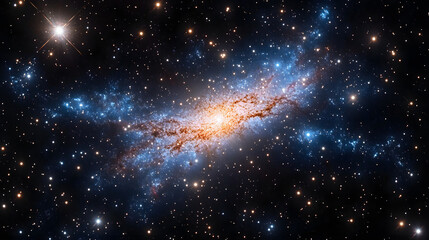 Starfield with a distant quasar at its center, stars, highenergy cosmic entities