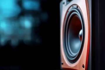 A close-up view of a high-quality wooden speaker showcasing its shiny woofer. The blurred background adds depth, emphasizing the design and craftsmanship of the speaker.