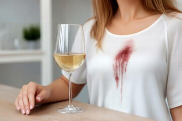 A woman in a white shirt with a red wine stain sits at a table, next to a white wine glass, highlighting a spilling mishap and its consequences.
