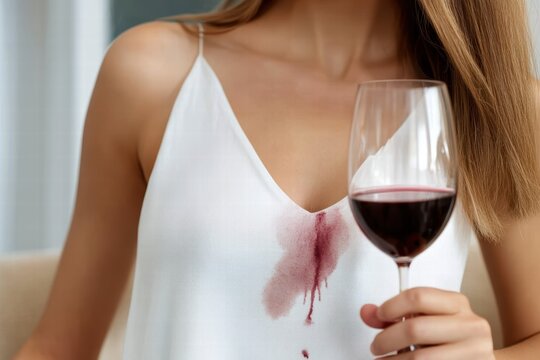 A woman, holding a glass of red wine, accidentally creates an artistic spill pattern on her shirt, illustrating a blend of lifestyle and accidental creativity.