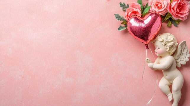 A cherubic figure holds a heart-shaped balloon beside pink roses on a soft pink background, evoking love and whimsy.