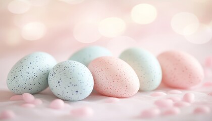 Speckled Pastel Easter Eggs Arranged on a Soft Textured Background with Sparkly Bokeh