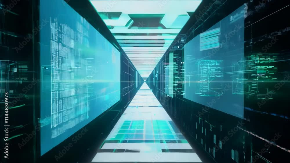 Poster Virtual data center corridor with cloud servers providing compute power