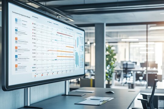 dynamic project management timeline projected onto large interactive board in modern office