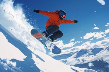 Snowboarder showcasing thrilling midair tricks against a backdrop of snowy mountains and a clear blue sky