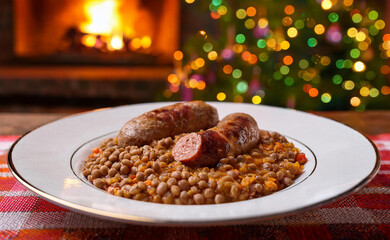 Cotechino with lentils in a Christmas atmosphere