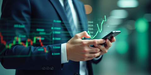 a businessman with a phone in his hands against the background of a virtual trading schedule on the stock exchange