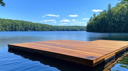 Floating dock on calm lake with forest backdrop.