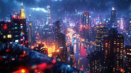 Vibrant cityscape at night with rain and illuminated buildings.