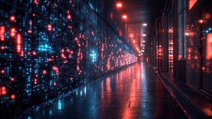 Futuristic corridor with illuminated digital patterns.