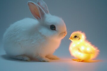 Surreal Companions - Glowing Rabbit and Chick Sharing Peaceful Moment