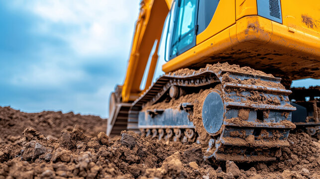 Close-up detail of excavator chain track at construction site