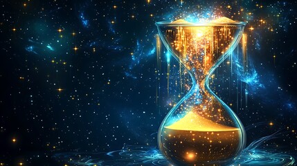 Glowing hourglass with cosmic sand flowing, representing the passage of time against a dark, starry background.