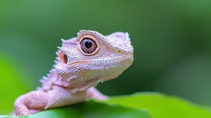 Fototapeta premium Close-up of a pale pink lizard on a green leaf.