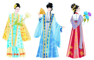 set of asian young girls in traditional costume hanfu. chinese or japanese women holding flowers. fashion graceful female with fan
