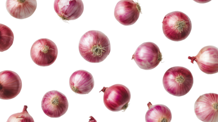 Red onions scattered on transparent background, culinary ingredients theme