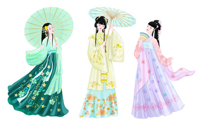 Obraz premium set of asian young girls in traditional costume hanfu. chinese or japanese woman holding umbrella. fashion graceful female with fan