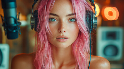 A smiling female podcaster wearing headphones in a cozy, warmly lit studio with a microphone in the foreground