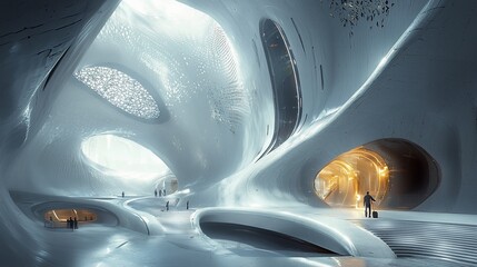 Futuristic white interior with smooth flowing shapes and distant people.
